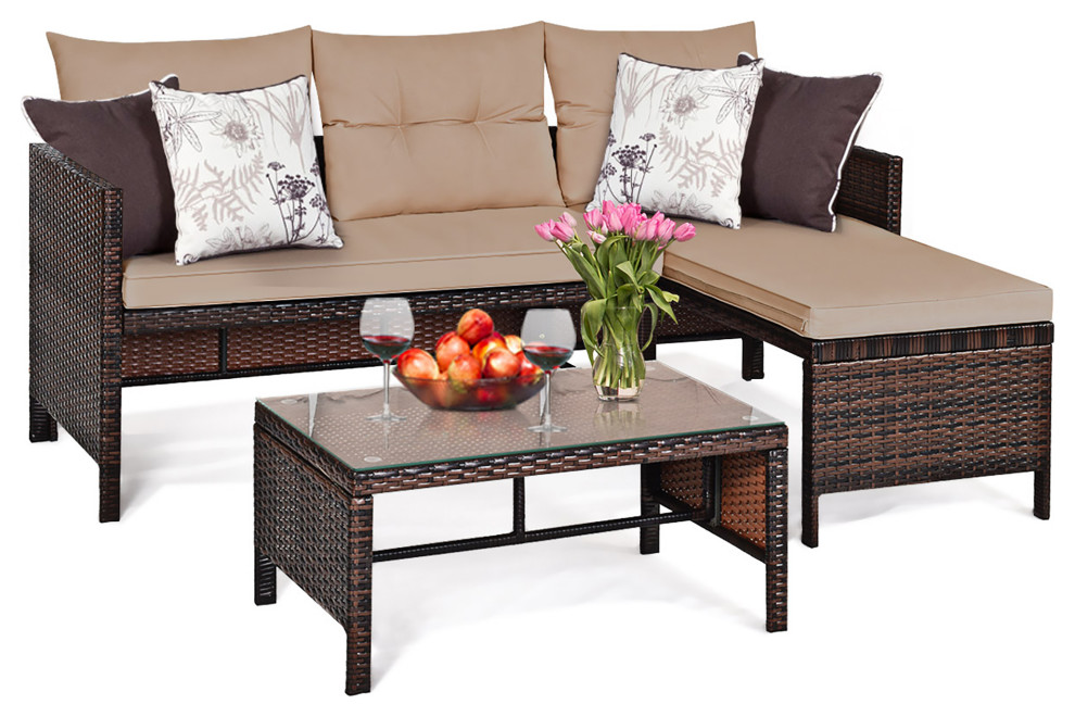 Costway 3 PCS Outdoor Rattan Furniture Sofa Set Lounge Cushion Patio Garden New