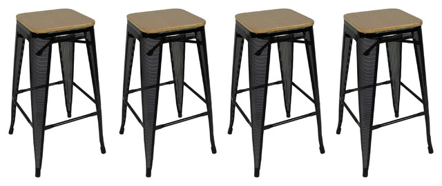 Stackable Metal Mesh Bar Stools With Bamboo Tops Set Of 4 Black Stackable Metal Mesh Bar Stools With Bamboo Tops Set Of 4 Black