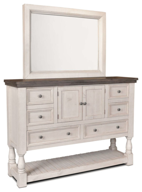 Rustic French Dresser And Mirror Set, 6 Drawer, 2 Storage Cabinets