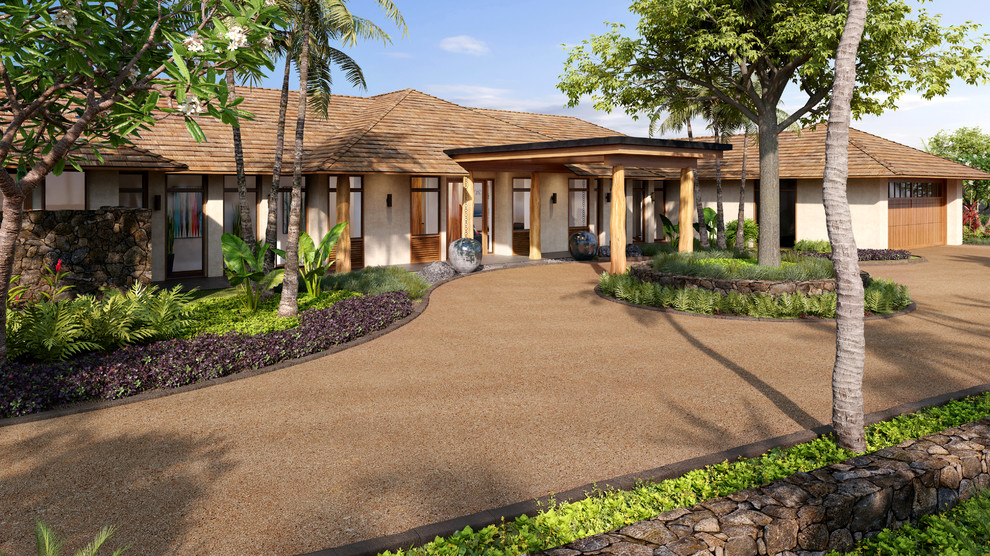 Photo of a large contemporary one-storey stucco white house exterior in Hawaii with a hip roof and a shingle roof.