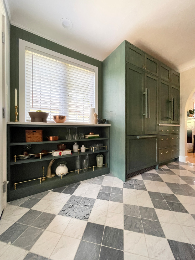 Inspiration for a mid-sized transitional marble floor and multicolored floor kitchen remodel with green cabinets, quartz countertops, white backsplash, quartz backsplash, stainless steel appliances and white countertops