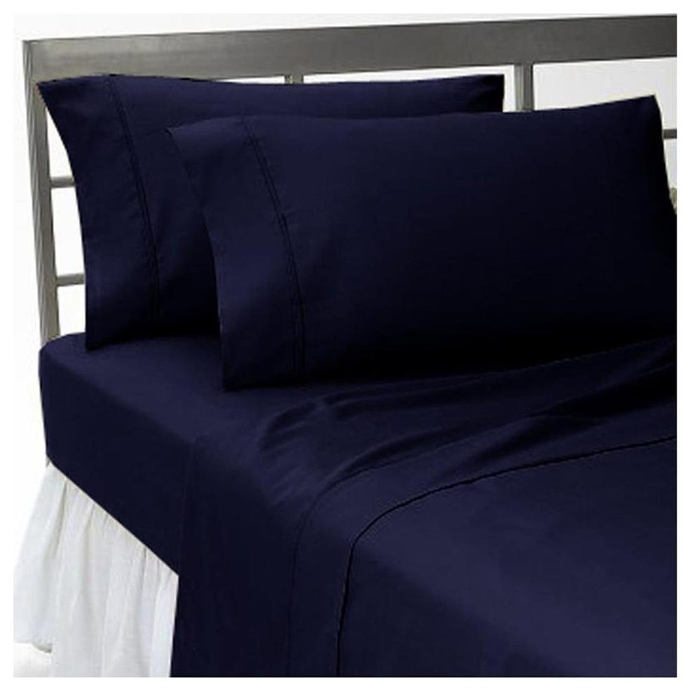 600TC Solid Navy Blue Expanded Queen Flat Sheet and 2 Pillowcases