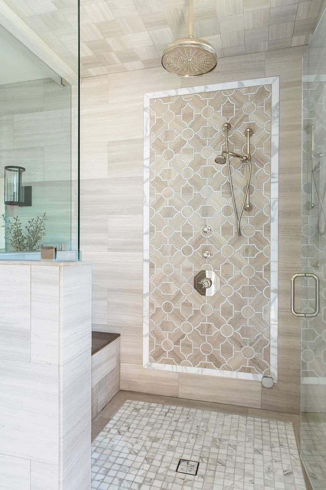 Inspiration for a mid-sized transitional master bathroom in San Diego with beaded inset cabinets, white cabinets, an alcove shower, a bidet, gray tile, marble, grey walls, marble floors, an undermount sink, marble benchtops, grey floor, a hinged shower door and brown benchtops.