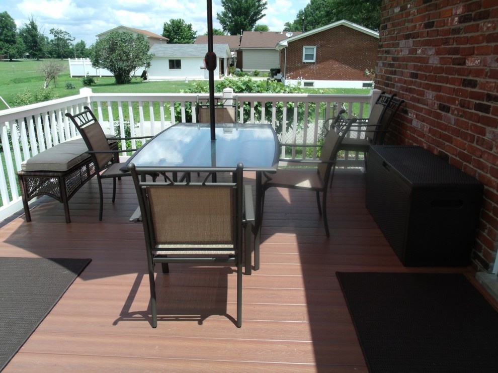 Inspiration for a large backyard outdoor kitchen deck remodel with no cover