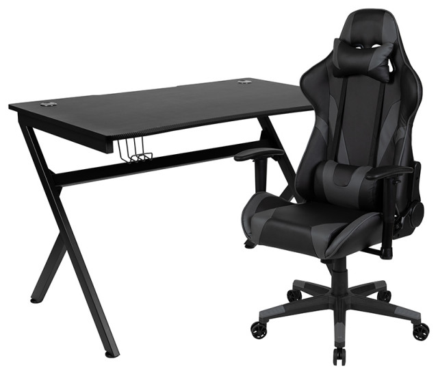 Black Gaming Desk and Gray/Black Reclining Gaming Chair Set Contemporary Desks And Hutches
