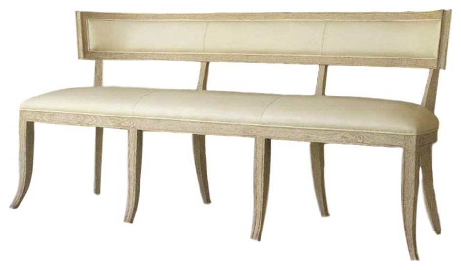 Elegant Curved Back Klismos Beige Leather Bench Modern Wood