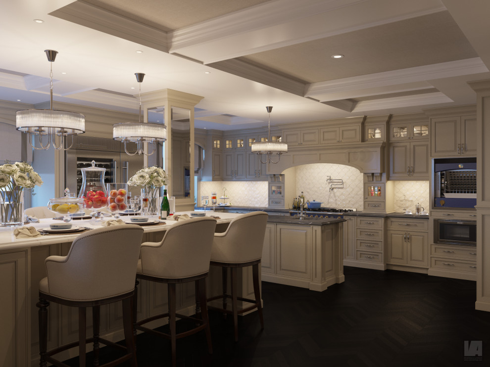 Design ideas for a large traditional l-shaped kitchen in Houston with a belfast sink, raised-panel cabinets, beige cabinets, marble worktops, multi-coloured splashback, marble splashback, stainless steel appliances, dark hardwood flooring, multiple islands, brown floors, multicoloured worktops and a coffered ceiling.