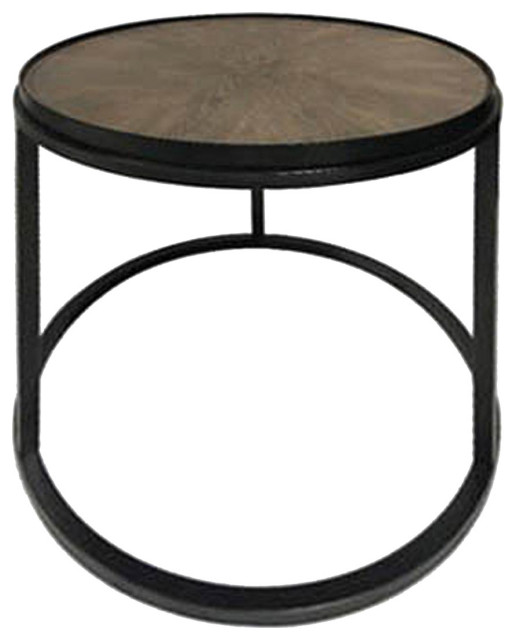 Round End Table, Weathered Elm and Gunmetal Industrial Side Tables