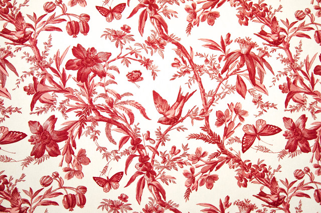 Red Toile Fabric Bird Butterfly Passion Flowers, Standard Cut