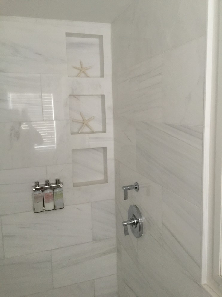 Inspiration for a mid-sized contemporary bathroom in Miami with an alcove shower, gray tile, marble, grey walls and an open shower.