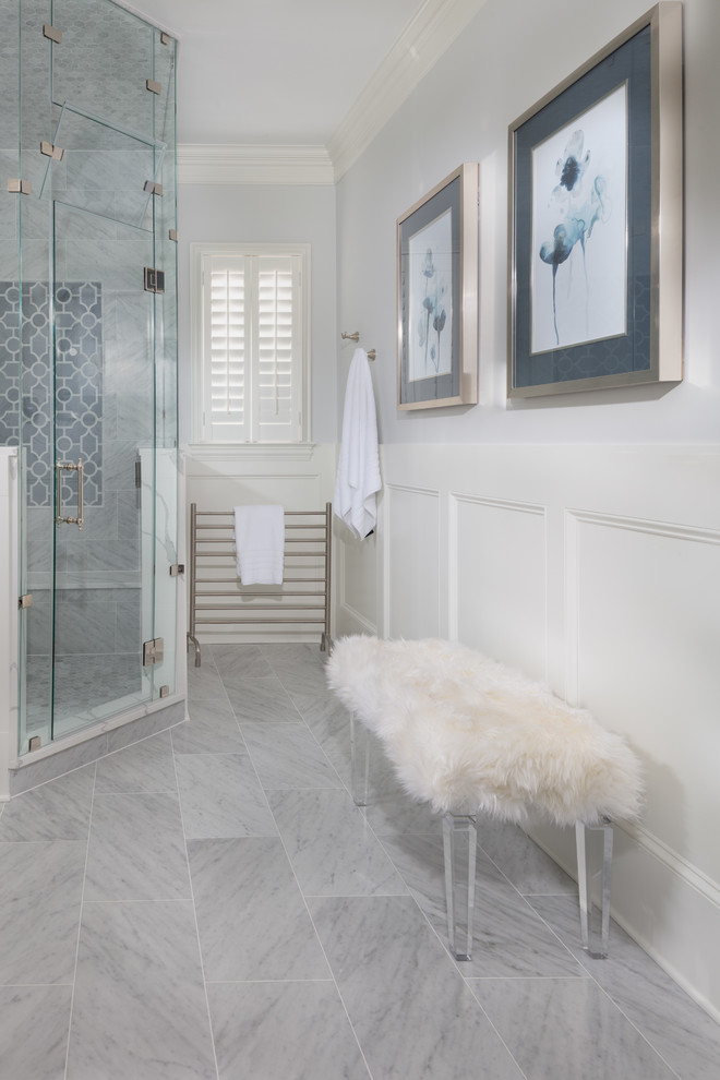 Inspiration for a mid-sized transitional master wet room bathroom in Charlotte with furniture-like cabinets, grey cabinets, black and white tile, an undermount sink, limestone benchtops, a hinged shower door and multi-coloured benchtops.