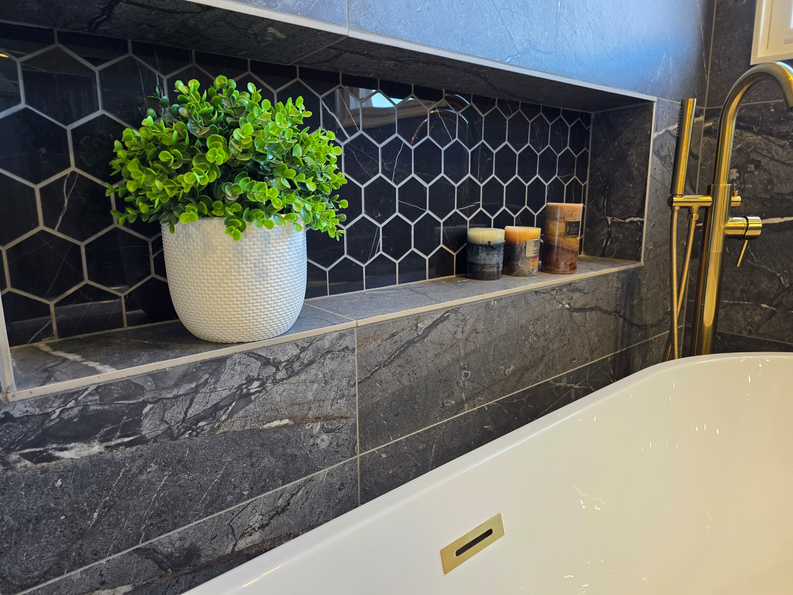 Main Bath full remodeling with custom vanity, freestanding tub & walk-in shower