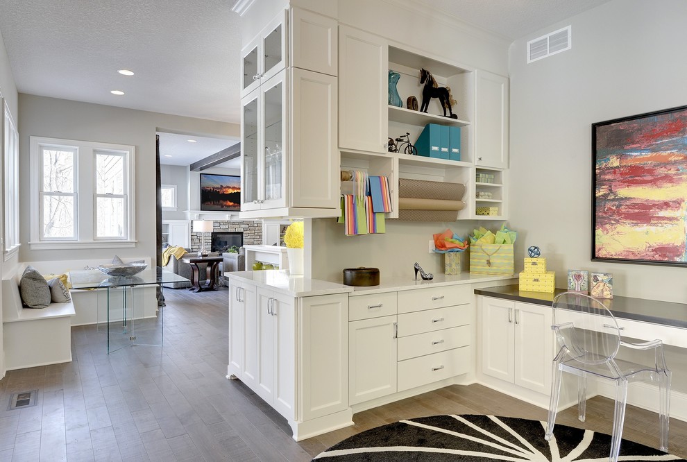 Traditional craft room in Minneapolis with grey walls, no fireplace and a built-in desk.