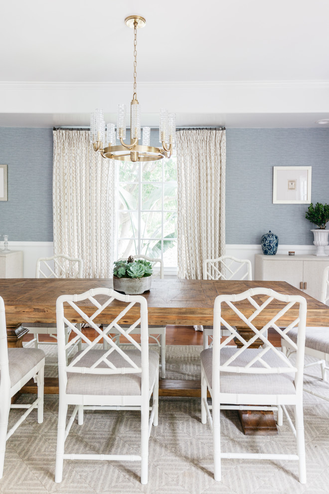 Mid-sized transitional dark wood floor and brown floor kitchen/dining room combo photo in Los Angeles with gray walls and no fireplace