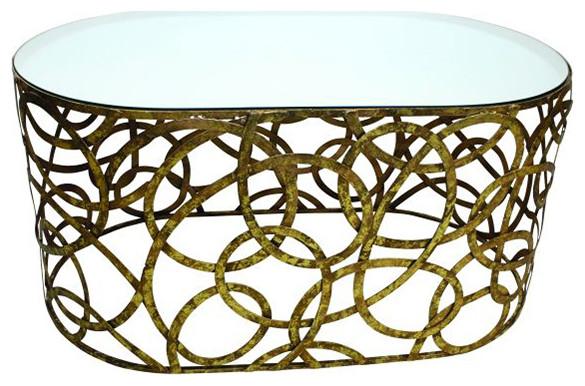 Mirror Top Iron Scroll Coffee Cocktail Table Oval Gold Modern