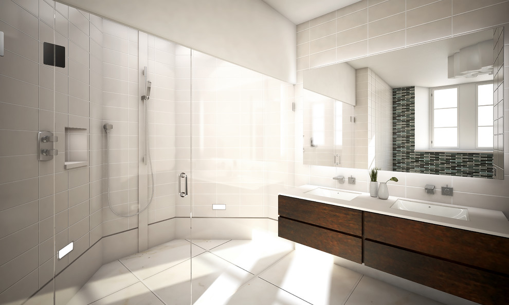 Design ideas for a modern bathroom in Other with an undermount sink, flat-panel cabinets, dark wood cabinets, an alcove shower and gray tile.