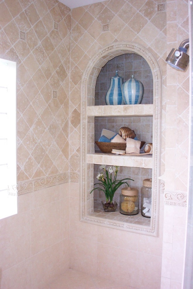 Photo of a large traditional master bathroom in Atlanta with an alcove shower, beige tile, stone tile, beige walls, beige floor and an open shower.