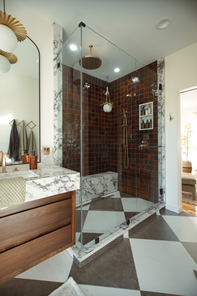 Mid-sized transitional master ceramic tile, multicolored floor and double-sink bathroom photo in Other with flat-panel cabinets, medium tone wood cabinets, white walls, an undermount sink, quartz countertops, a hinged shower door, white countertops and a floating vanity