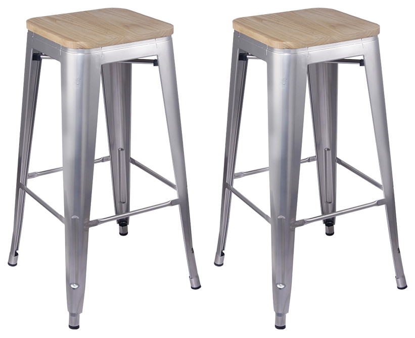 Metal Backless Silver Bar Stools With Light Wooden Seat, Set of 2