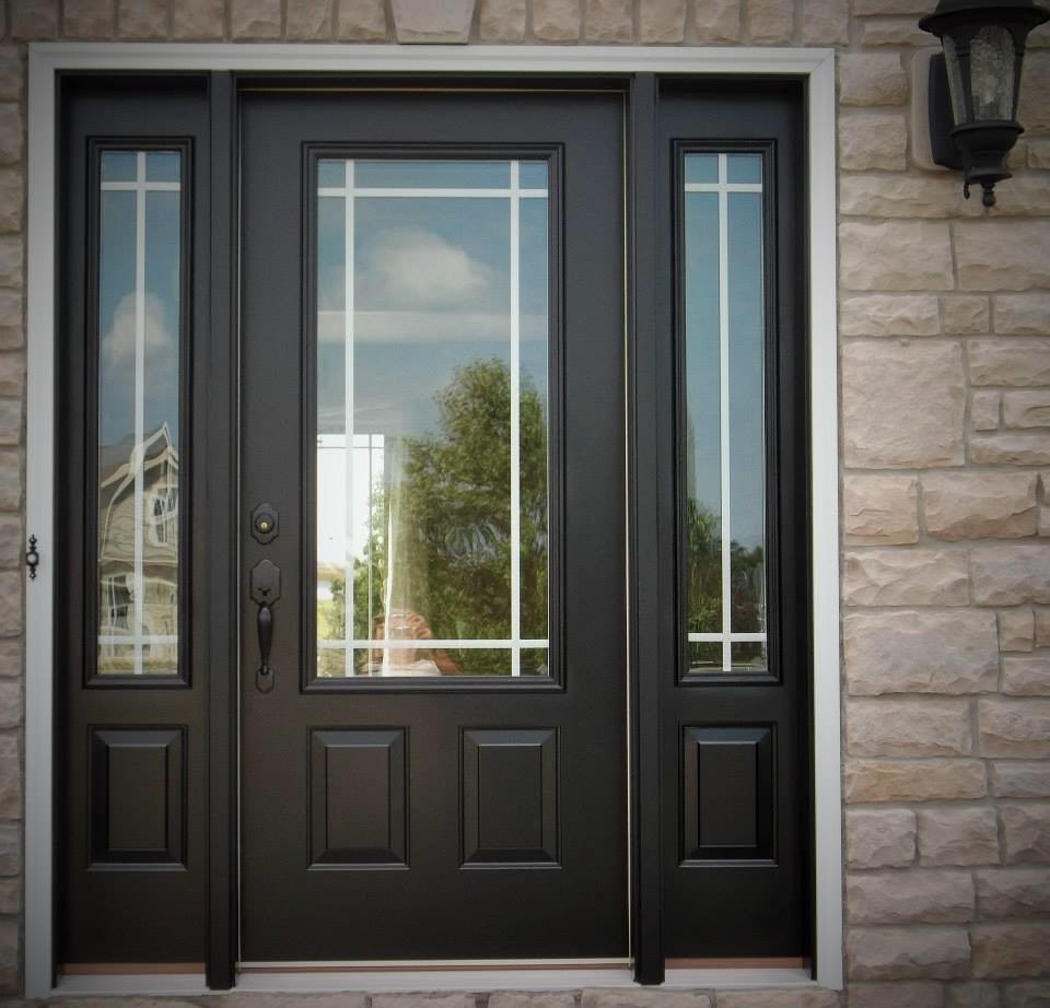 Inspiration for a transitional ceramic tile front door remodel in Cleveland with yellow walls and a medium wood front door