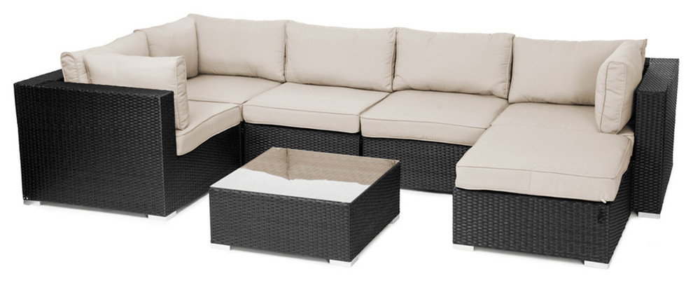 Reef Rattan London 7 Pc Sectional Sofa Set - Black Rattan / Beige Cushions