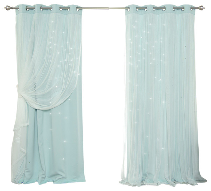 Tulle Overlay Star Cut Out Blackout Curtains, Mint, 52" W X 84" L