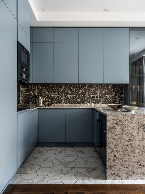 Very Small Kitchen Ideas: Pastel Blue Cabinets and Stylish Black Backsplash