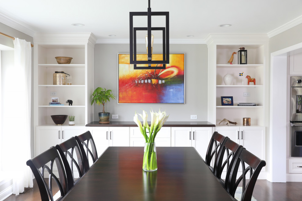 Example of a huge transitional dark wood floor and brown floor eat-in kitchen design in Chicago with shaker cabinets and white cabinets