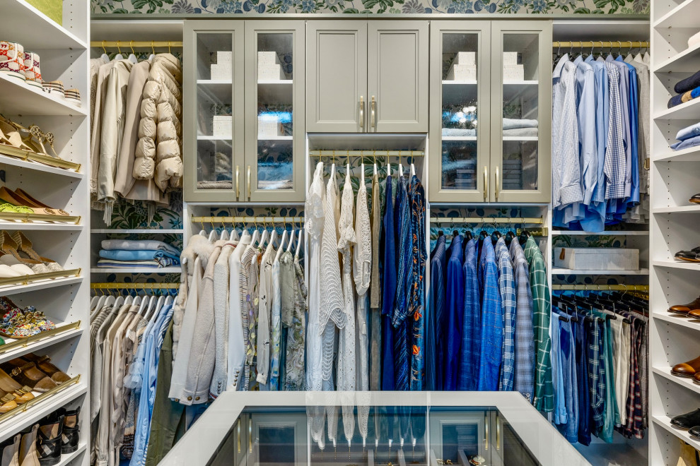 Transitional gender-neutral walk-in closet photo in St Louis with recessed-panel cabinets and gray cabinets