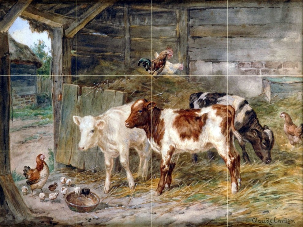 Tile Mural Cattle and Chickens Backsplash, Four Inch Marble Farmhouse
