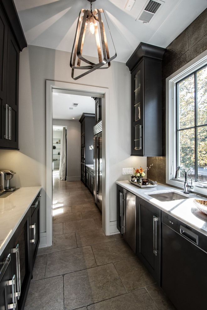 This is an example of a small contemporary galley separate kitchen in Other with a single-bowl sink, shaker cabinets, black cabinets, marble benchtops and no island.