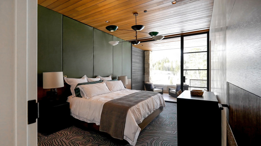 Diseño de habitación de invitados moderna de tamaño medio con paredes multicolor, moqueta, suelo multicolor y panelado