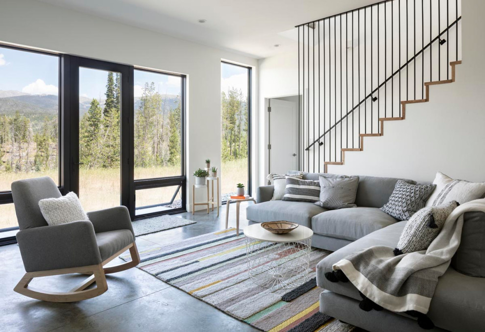 Свежая идея для дизайна: гостиная комната в скандинавском стиле с белыми стенами и бетонным полом - отличное фото интерьера