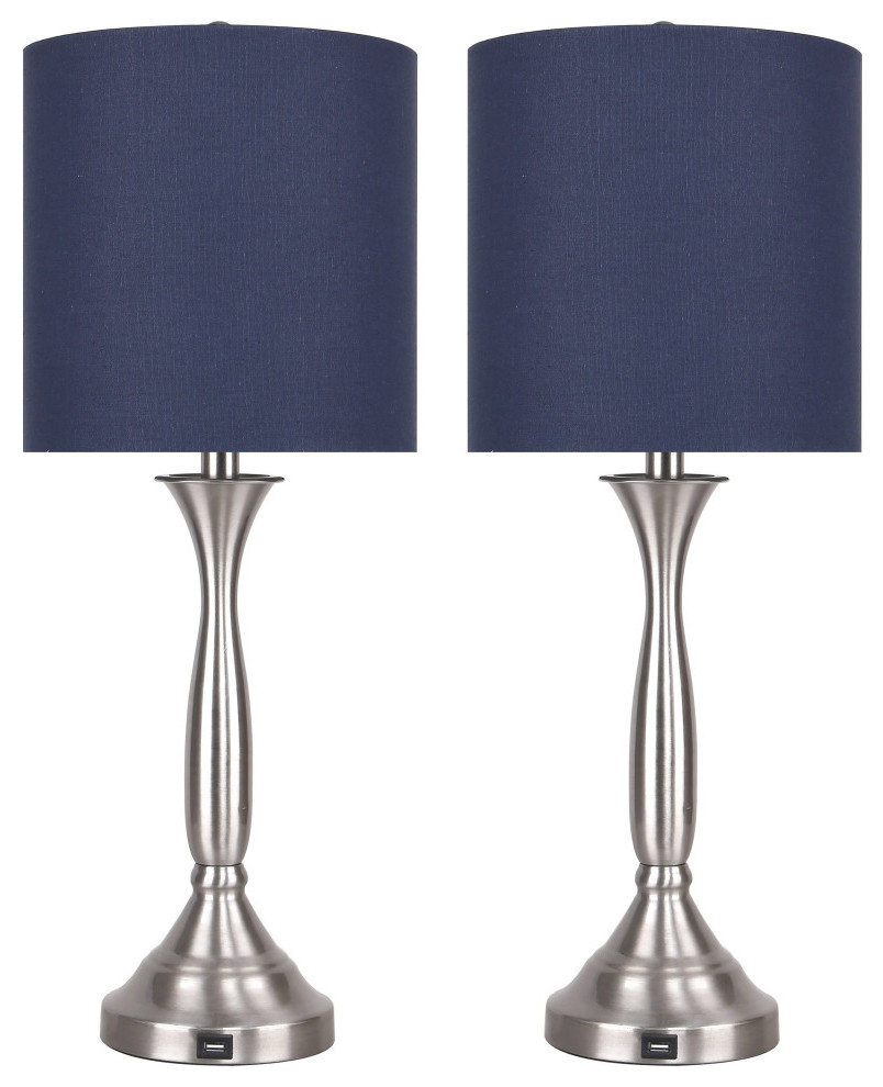 25.5" Brushed Nickel Table Lamps, USB Port, Base and Navy Linen Shades, Set of 2 Contemporary