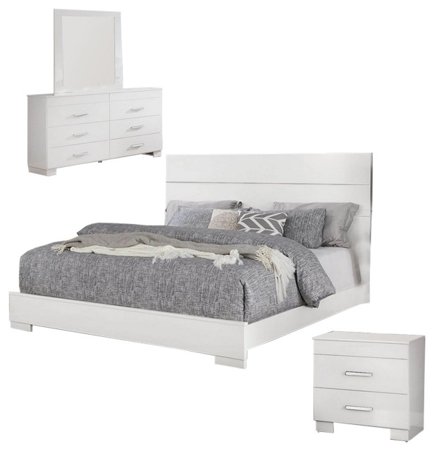 Contemporary 4 Piece Glossy Wooden Queen Bedroom Set, White