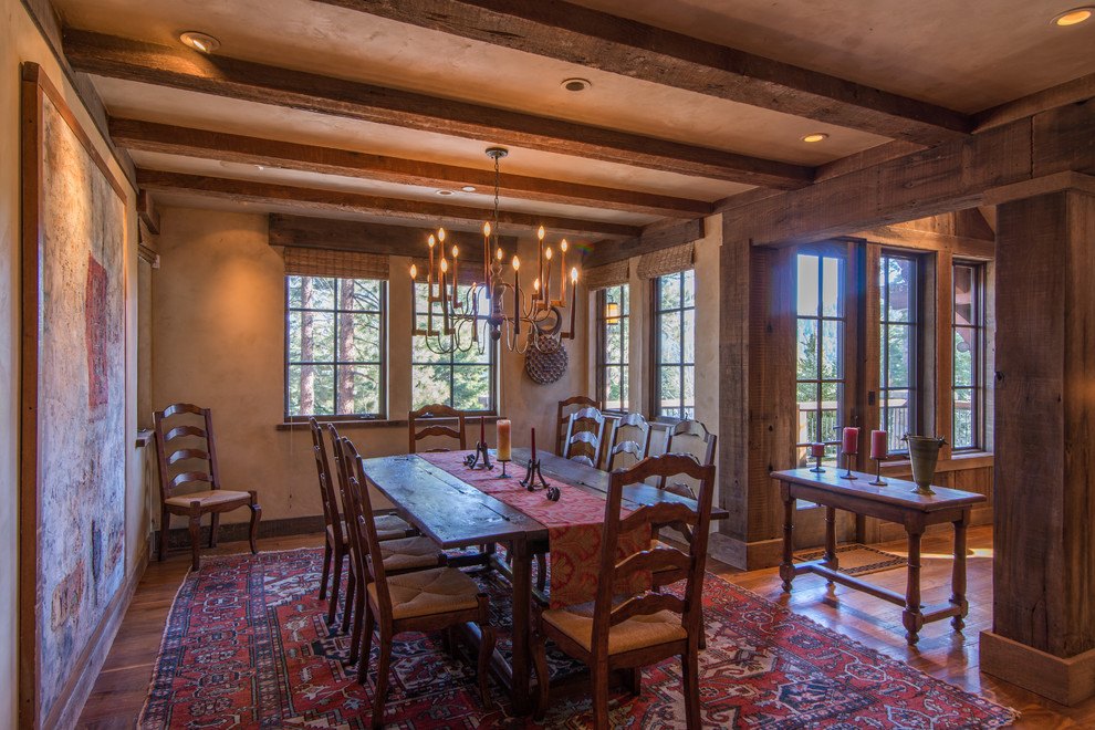 Design ideas for a mid-sized country dining room in Sacramento with medium hardwood floors and no fireplace.