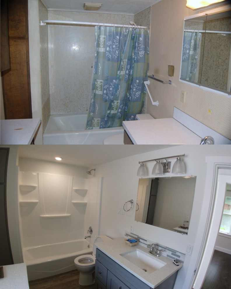 This is an example of a mid-sized arts and crafts master bathroom in Portland with recessed-panel cabinets, blue cabinets, a corner tub, a corner shower, a two-piece toilet, multi-coloured tile, glass sheet wall, white walls, vinyl floors, an undermount sink, quartzite benchtops, grey floor, a shower curtain, white benchtops and a floating vanity.