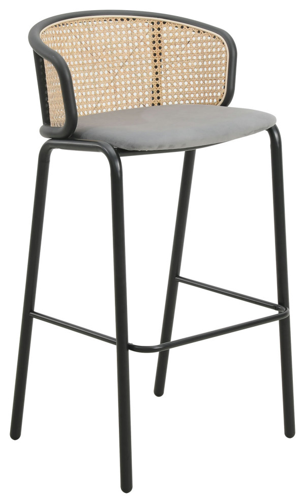 LeisureMod Ervilla MidCentury Modern Wicker Bar Stool, Grey