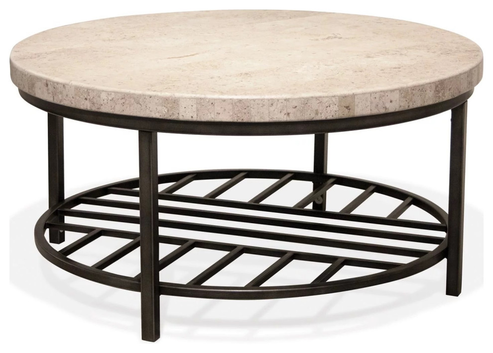 Elegant Coffee Table, Metal Base With Grid Shelf, Genuine Travertine