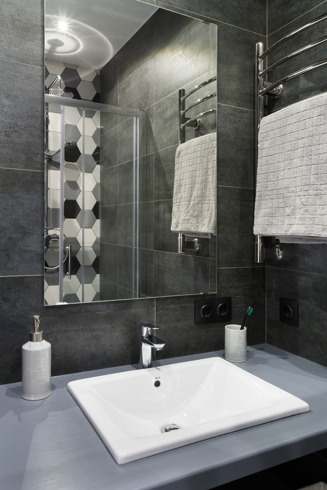 Design ideas for a small industrial 3/4 bathroom in Moscow with open cabinets, grey cabinets, black tile, porcelain tile, porcelain floors, a drop-in sink, wood benchtops, grey floor, a sliding shower screen and grey benchtops.