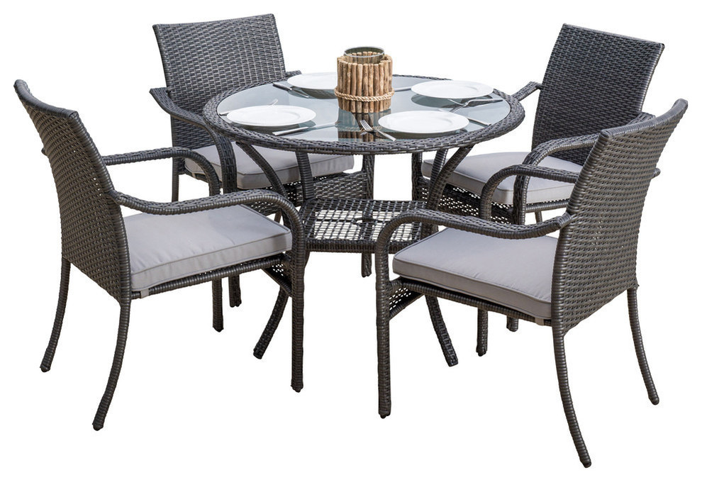 Kadelyn Outdoor Gray Wicker Dining Set, 5 Piece Wicker Patio Dining Table Set With 4 Chairs