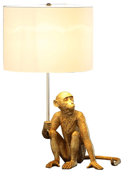 26" Antiqued Gold Sitting Monkey Table Lamp With White
