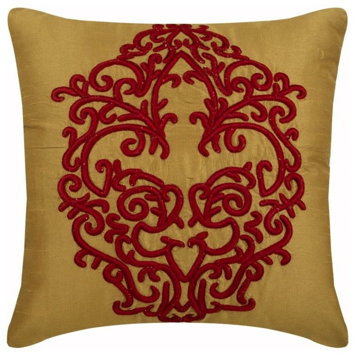 Damask Embroidery Red & Gold Art Silk 26"x26" Pillow Cover, Red Damascus