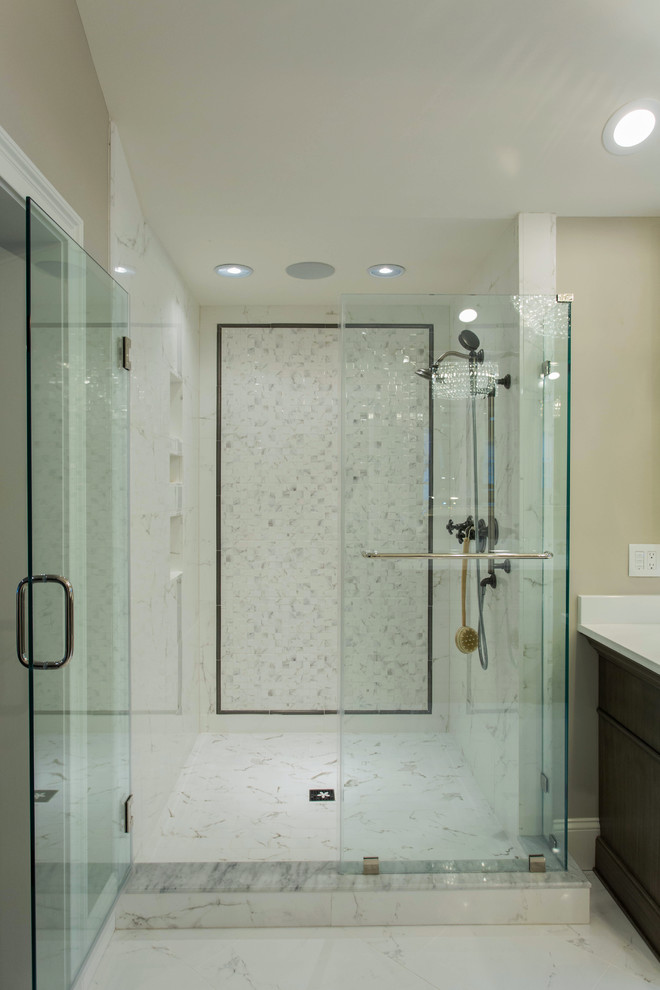 Inspiration for a large transitional master bathroom in Boston with recessed-panel cabinets, distressed cabinets, a double shower, white tile, beige walls, engineered quartz benchtops, marble floors, an undermount sink, white floor and a hinged shower door.