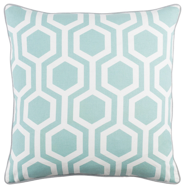 Modern Cotton Aqua and Light Gray and White Accent Pillow, 18  x18