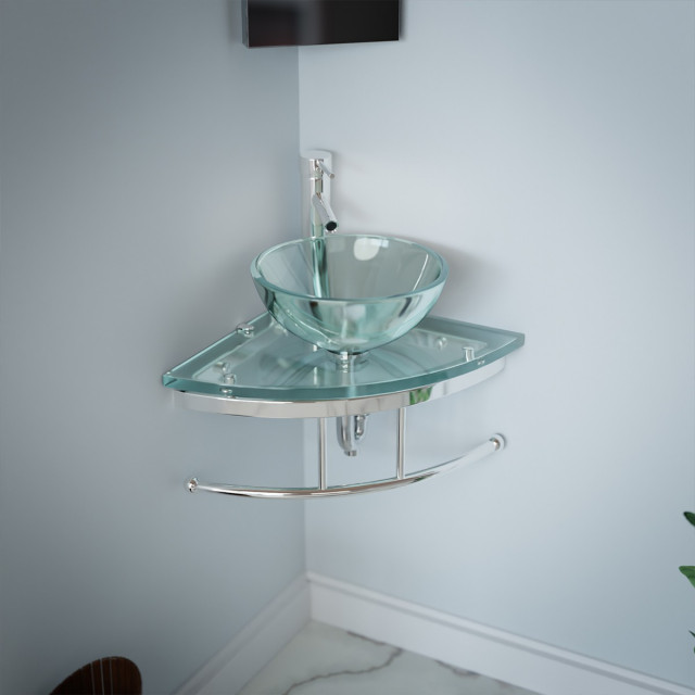 Glass Wall Mount Bathroom Vessel Sink Round Corner with Chrome Faucet ...