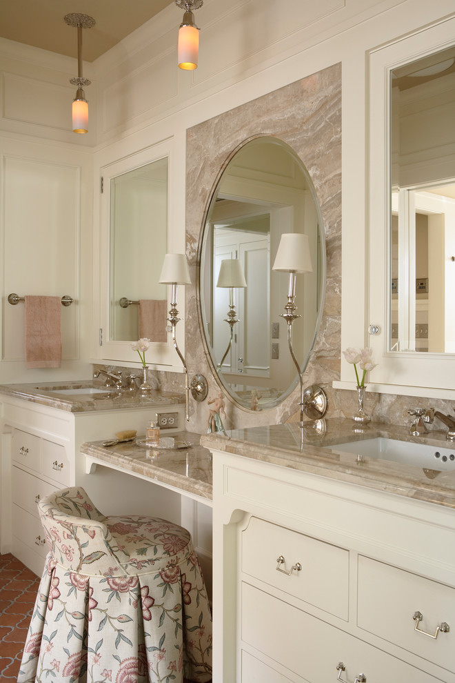 Design ideas for a traditional master bathroom in Minneapolis with an undermount sink, white cabinets, white walls, terra-cotta floors, flat-panel cabinets and red floor.