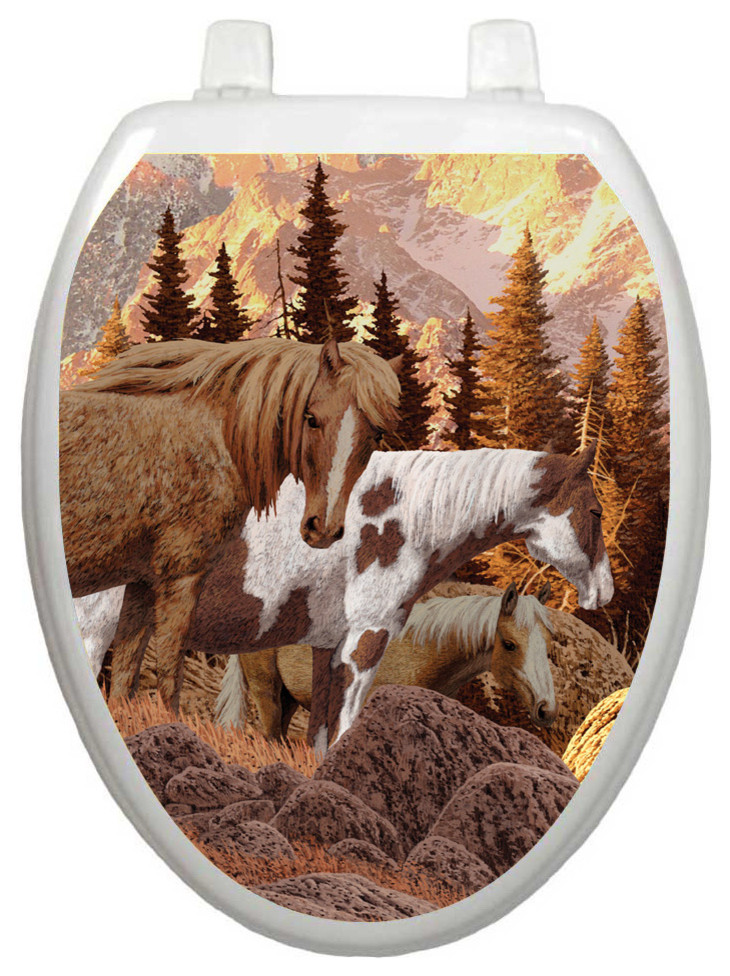 Wild Horses Toilet Tattoos Seat Cover, Vinyl Lid Decal, Western