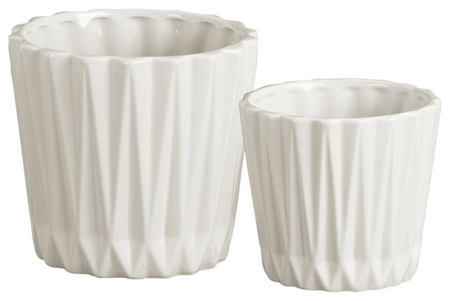 Round Ceramic Vase With Ribbed Pattern, Set of 2, White - Contemporary ...