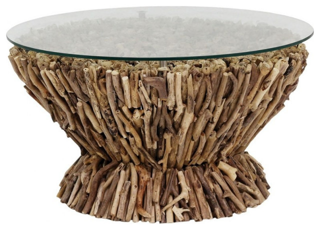 Coastal Inspired Glass Top Coffee Table in Natural Finish Handcrafted ...
